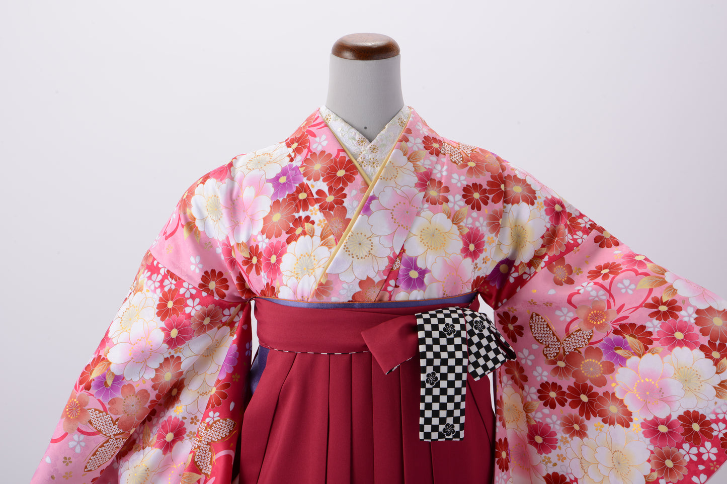 ピンク（桜）×赤（格子）袴　KH7‐1
