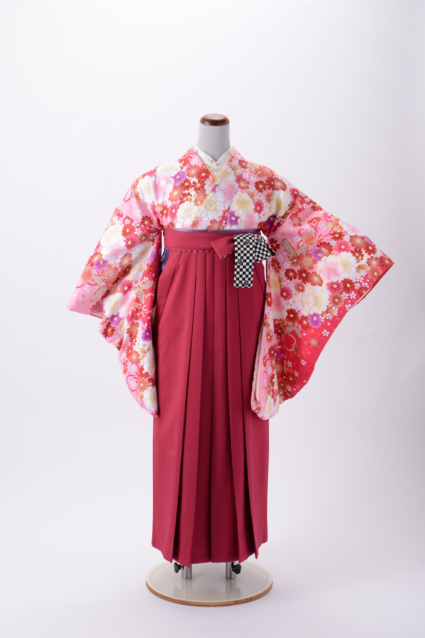 ピンク（桜）×赤（格子）袴　KH7‐1